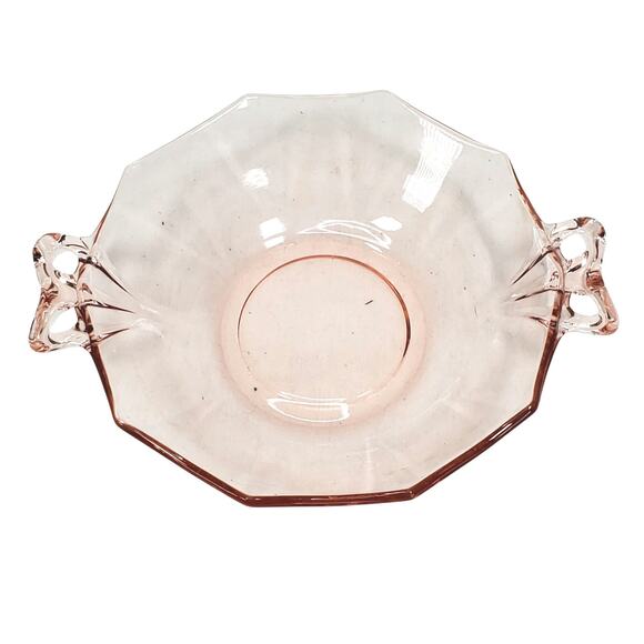 Vtg Decagon Pink Depression Glass 7" Candy Trinket Dish Handles Decor - Picture 2 of 8